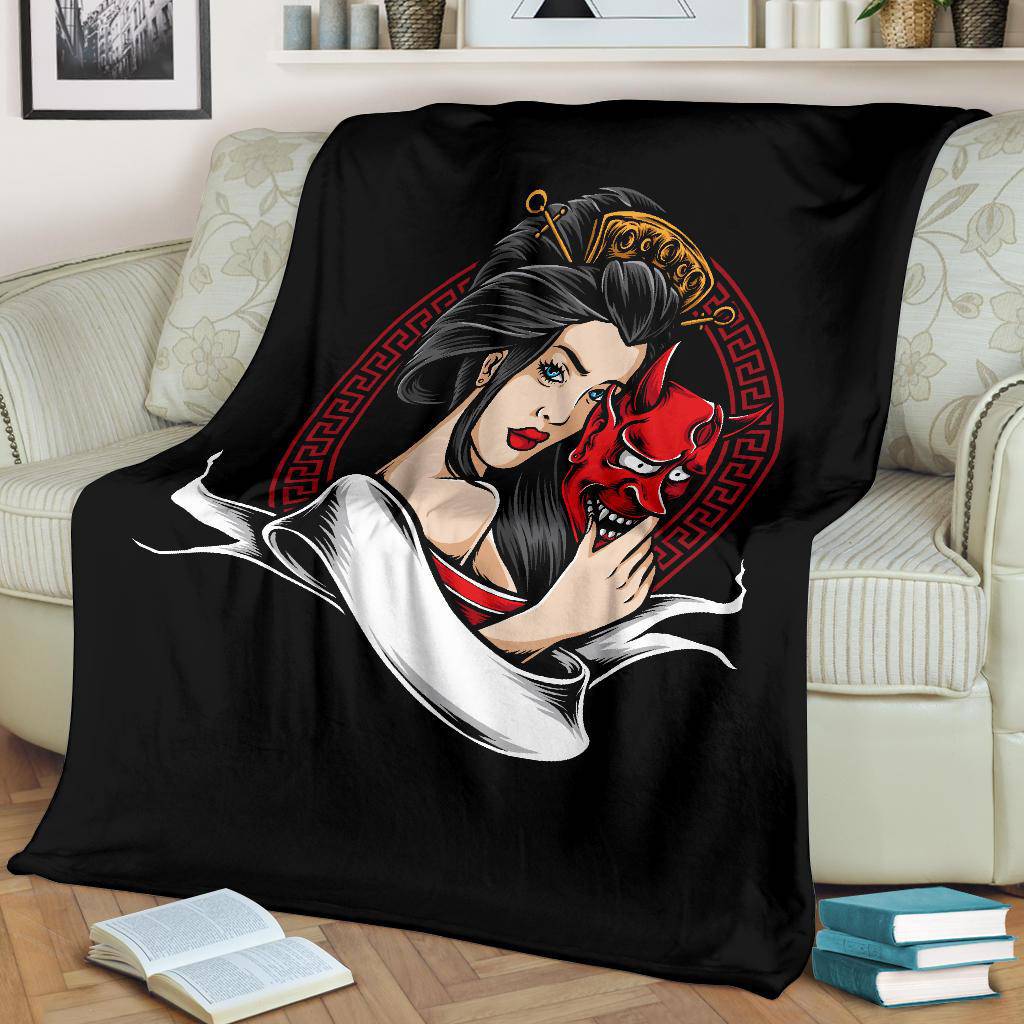 Geisha Holding Oni Mask Premium Blanket, Cool Japanese Art - Top Content | POD Collection | Free Shipping