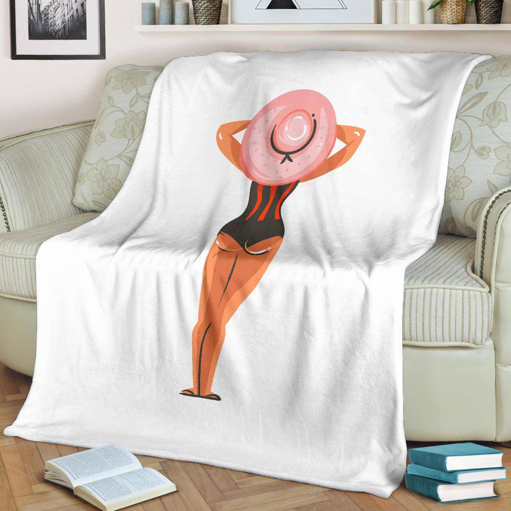 Hand Drawn Cartoon Summer Beach Girl with Hat Premium Blanket - Top Content | POD Collection | Free Shipping