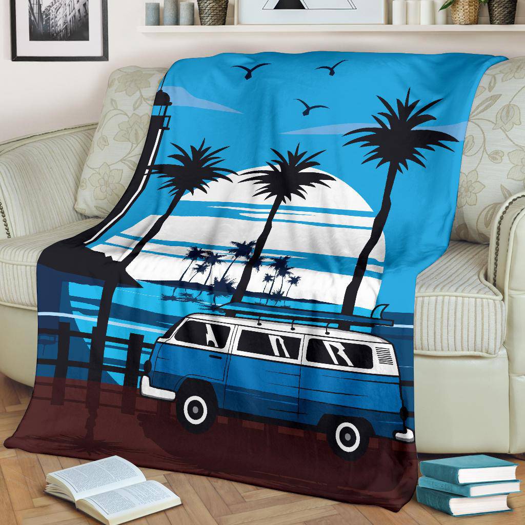 Blue Van Travel Lighthouse Cartoon Premium Blanket - Top Content | POD Collection | Free Shipping