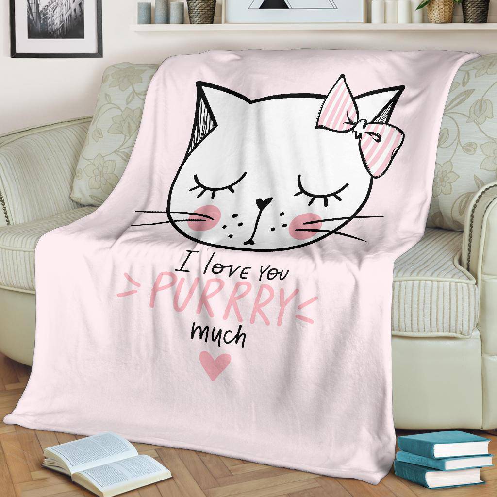 Cute Pink Cat Cartoon Drawing Premium Blanket, I Love You Purrry Much - Top Content | POD Collection | Free Shipping