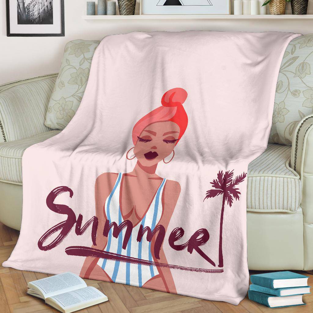 Summer Girl Premium Blanket, Beautiful Cartoon Drawing - Top Content | POD Collection | Free Shipping