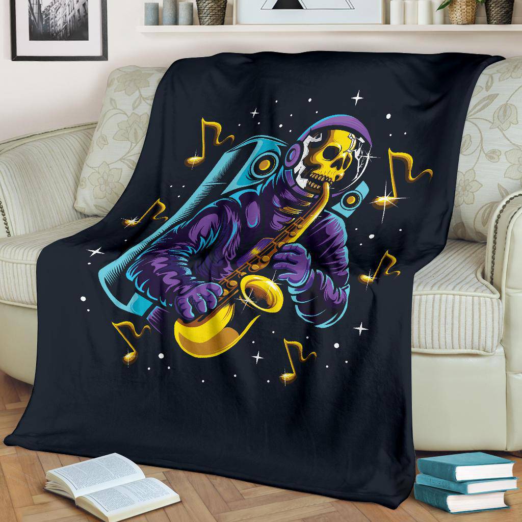 Premium Blanket Skull Astronaut Playing Saxophone Space Music Illustration - Top Content | POD Collection | Free Shipping