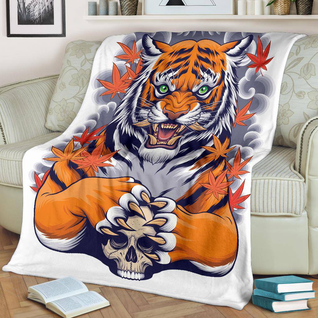 Tiger Skull Illustration Premium Blanket, Japanese Style Art - Top Content | POD Collection | Free Shipping