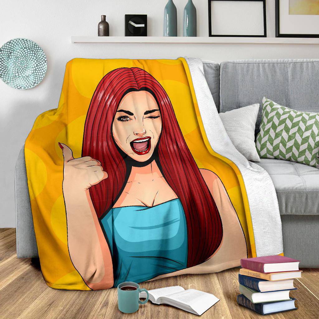 Pop Art Cartoon Sexy Girl Thumbs Up Premium Blanket - Top Content | POD Collection | Free Shipping