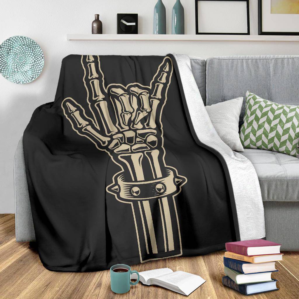 Skeleton Bone Cool Rock Hand Sign Cartoon Style Premium Blanket - Top Content | POD Collection | Free Shipping