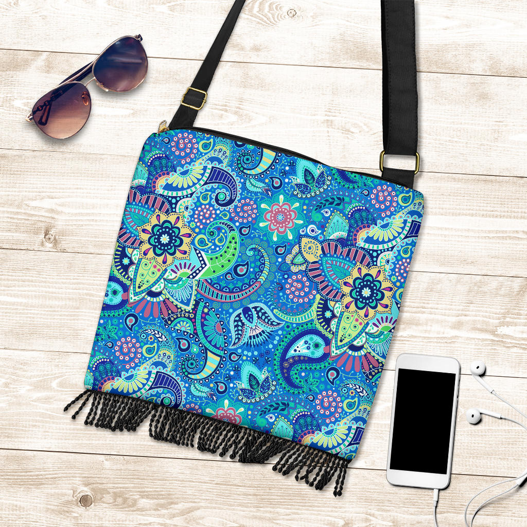 Light Blue Wild Flower Paisley Crossbody Handbag