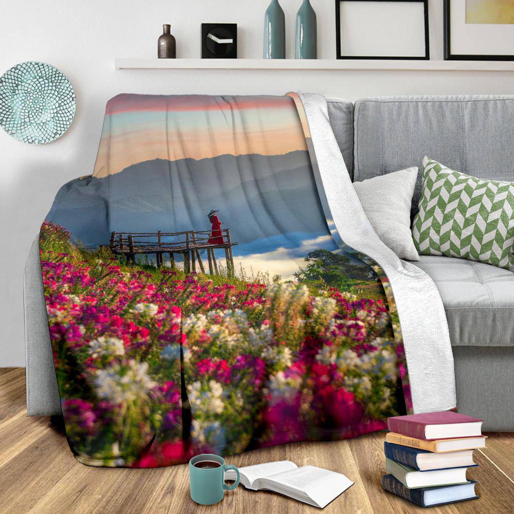 Girl Colourful Flower Field Nature Premium Blanket - Top Content | POD Collection | Free Shipping