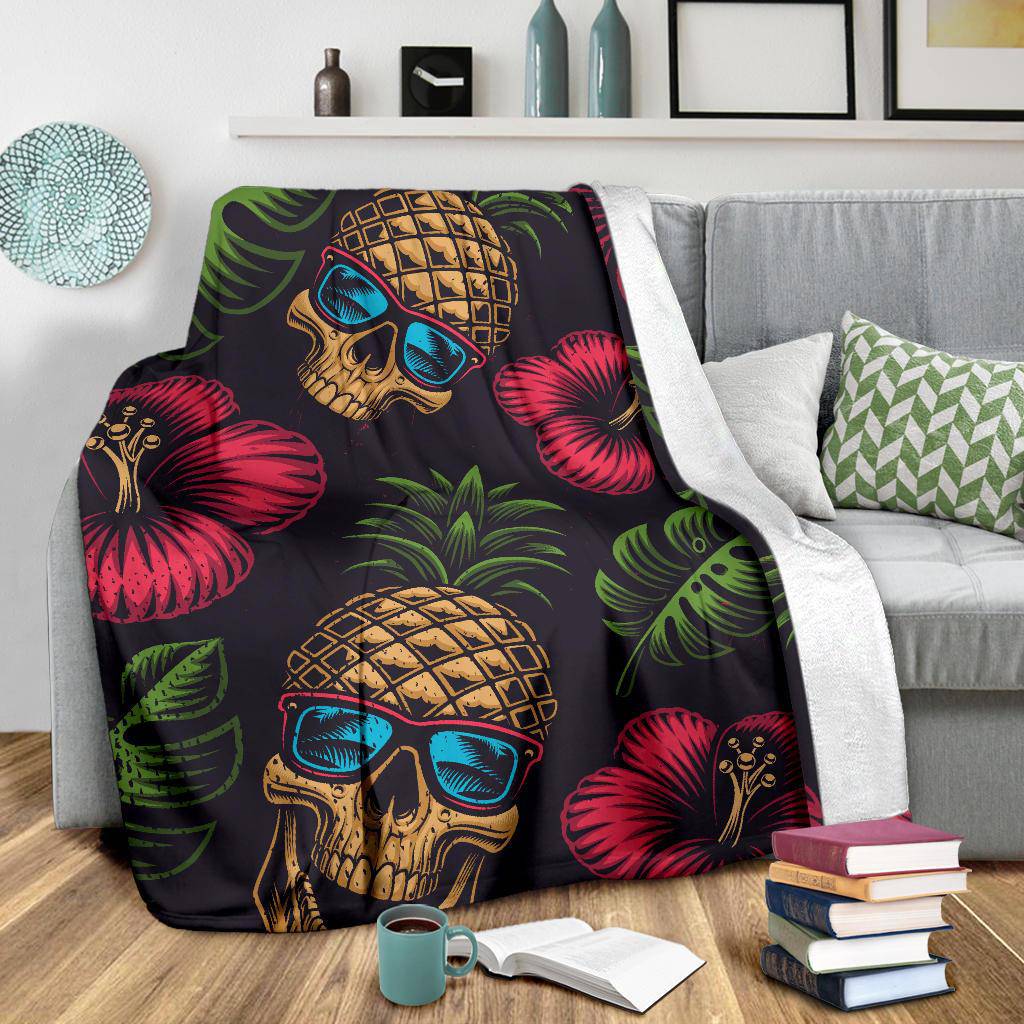 Tropical Flowers, Skull Pineapple Head Premium Blanket - Top Content | POD Collection | Free Shipping