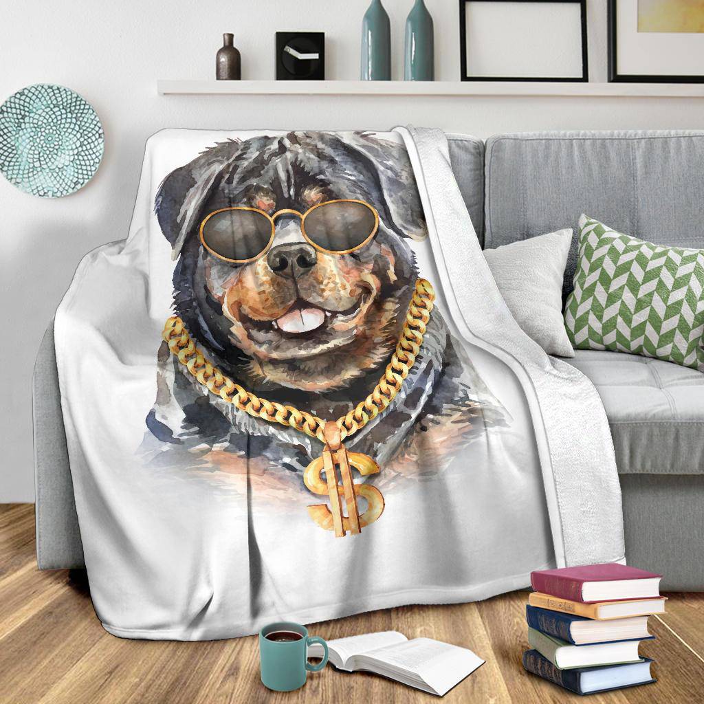 Rottweiler Watercolour Portrait Drawing Premium Blanket, Cool Rich Dog Cartoon - Top Content | POD Collection | Free Shipping