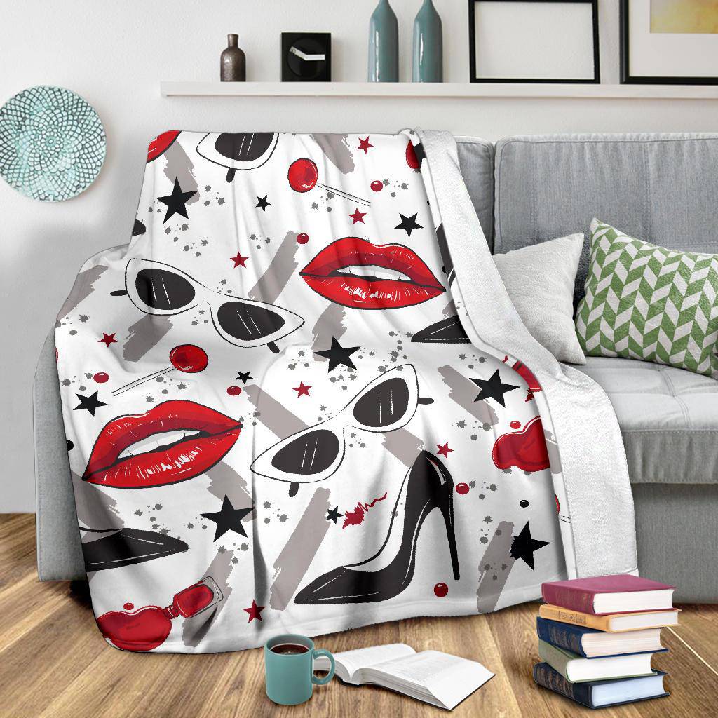 Red Lips Black Heels Lollipop Makeup Stars Premium Blanket - Top Content | POD Collection | Free Shipping