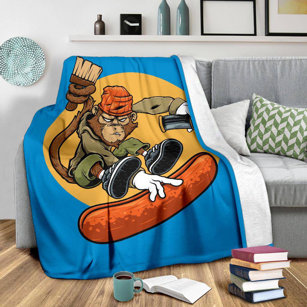 Monkey Graffiti Riding a Skateboard Cartoon Premium Blanket - Top Content | POD Collection | Free Shipping