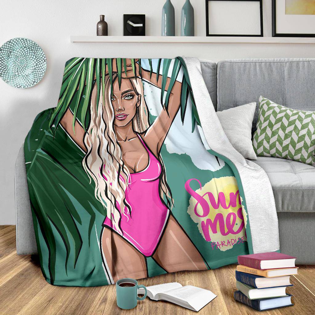 Summer Blonde Girl Premium Blanket, Beach Vibes, Palm Leaves Cartoon - Top Content | POD Collection | Free Shipping