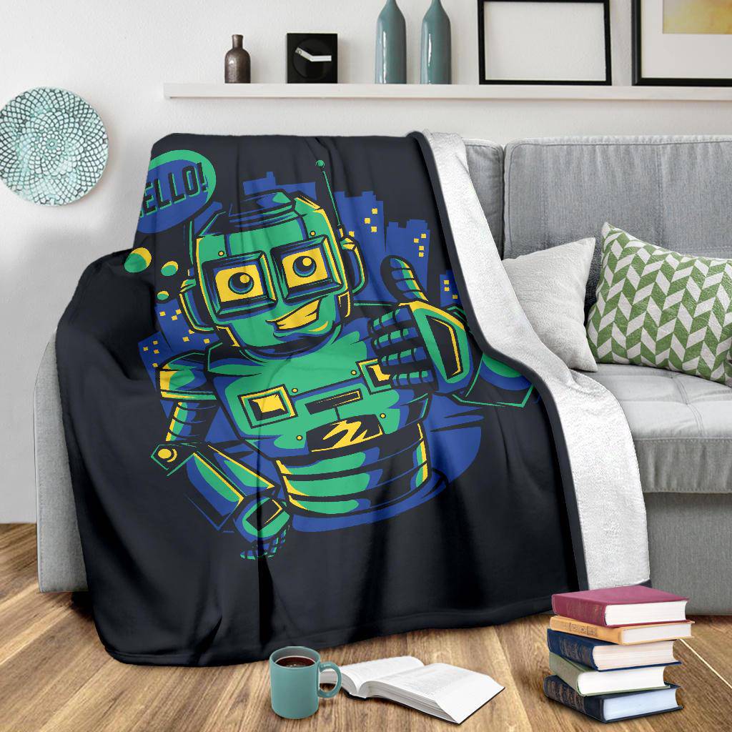 Hello Robot Happy Bot Droid Cartoon Premium Blanket - Top Content | POD Collection | Free Shipping