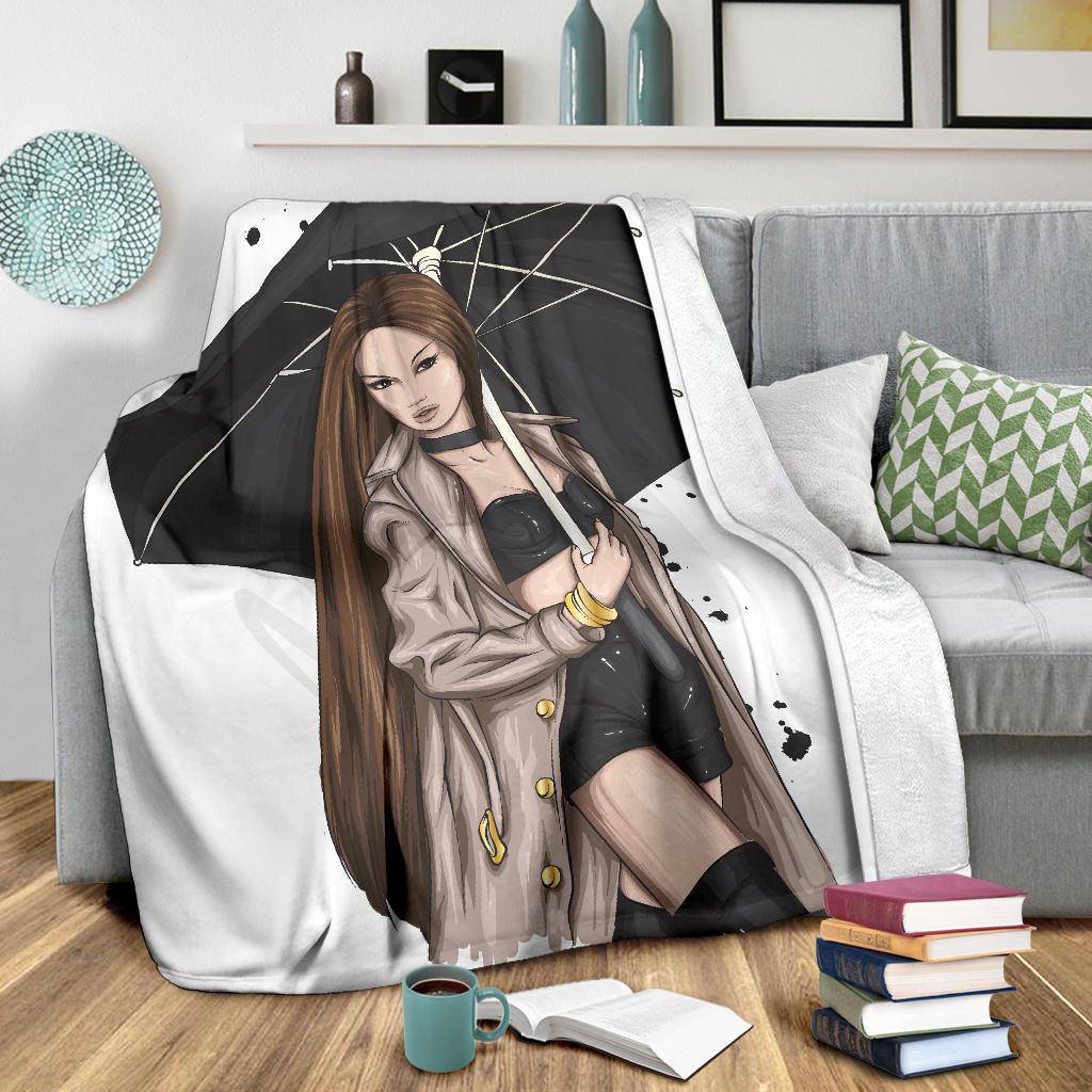 Premium Blanket Stylish Brunette Girl With Umbrella Cartoon - Top Content | POD Collection | Free Shipping