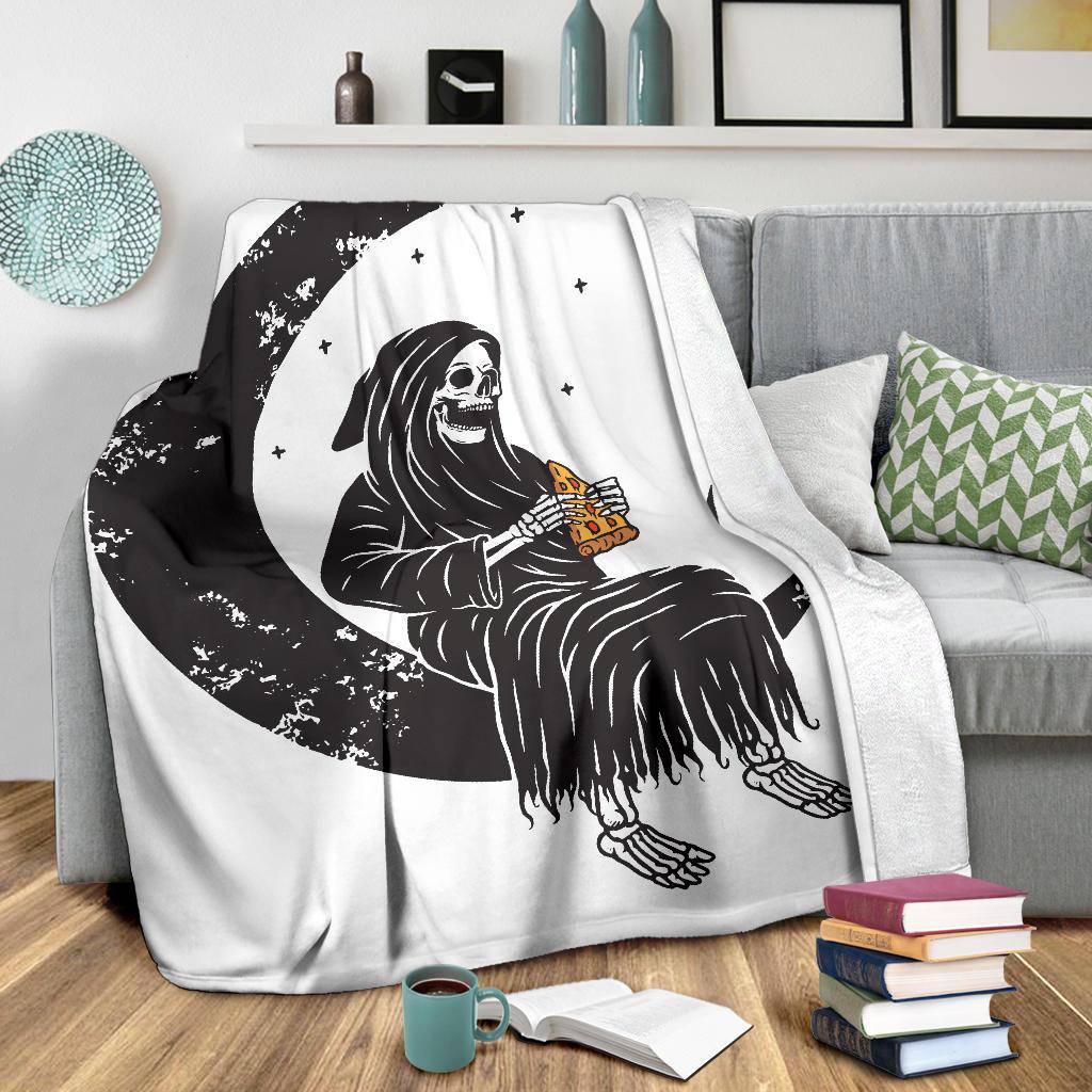 Premium Blanket Skull Moon Grim Reaper Eating Pizza Funny Cartoon - Top Content | POD Collection | Free Shipping