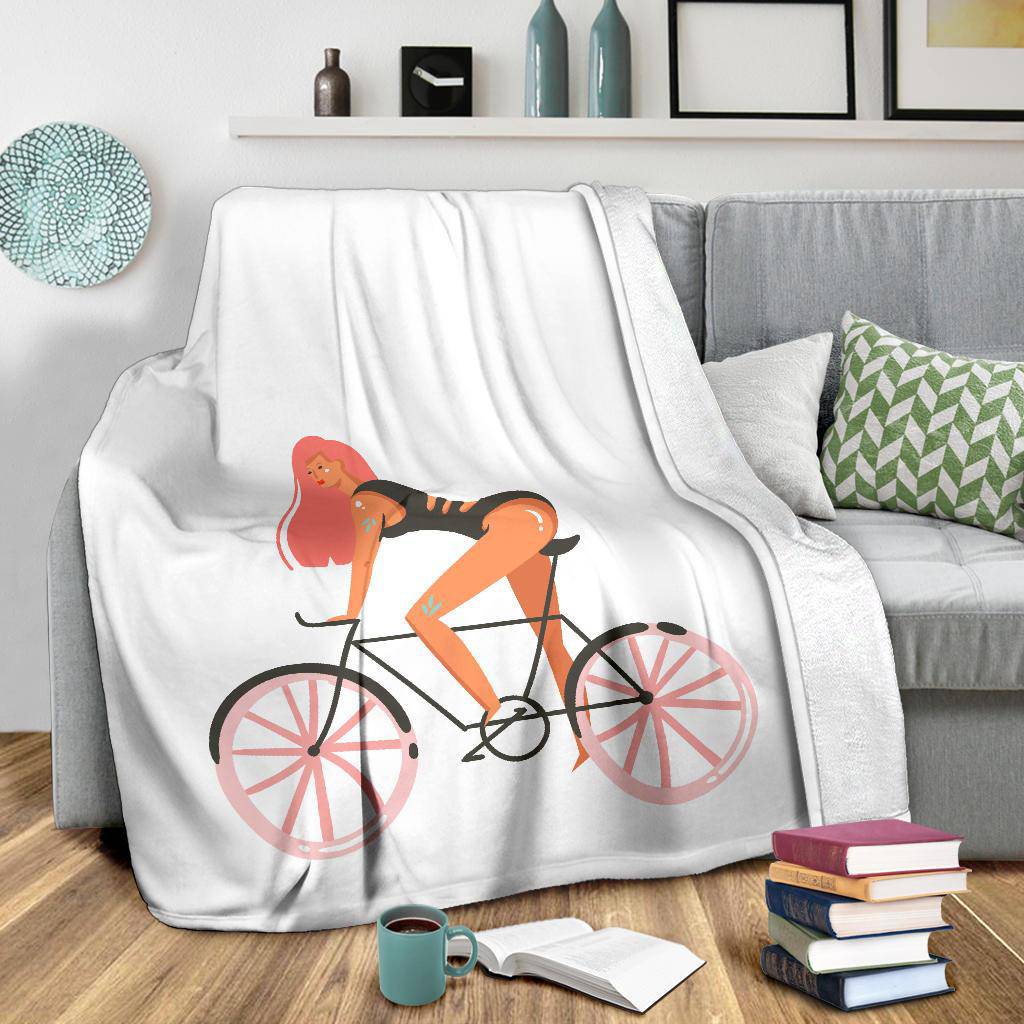 Hand Drawn Cartoon Girl with Bicycle Summer Vibes Premium Blanket - Top Content | POD Collection | Free Shipping