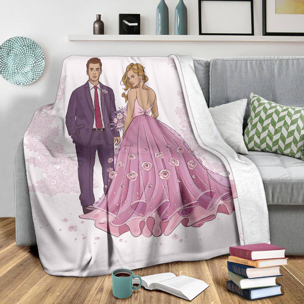 Hand Drawn Couple on a Wedding Day, Beautiful Wedding Gift Premium Blanket - Top Content | POD Collection | Free Shipping