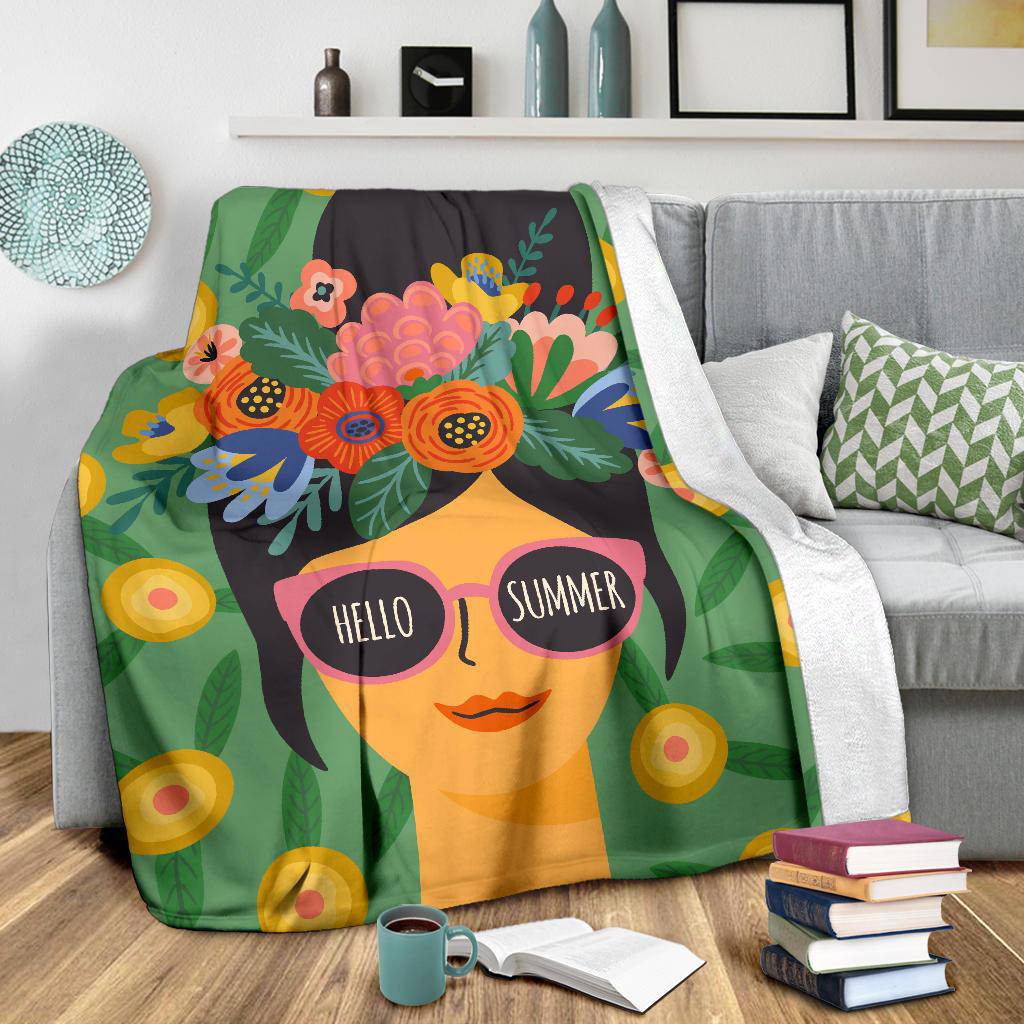 Hello Summer Girl with Flowers Premium Blanket - Top Content | POD Collection | Free Shipping