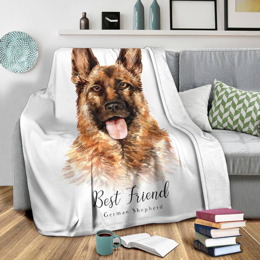 Best Friend German Shepherd Premium Blanket, Watercolor Dog Portrait Drawing - Top Content | POD Collection | Free Shipping