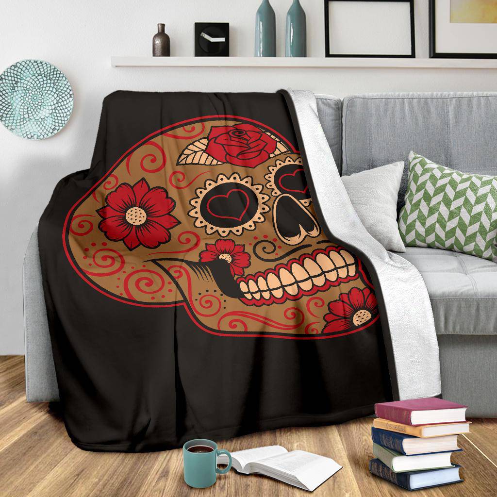 Colourful Mexican Sugar Skull, Hears Flowers Illustration Premium Blanket - Top Content | POD Collection | Free Shipping