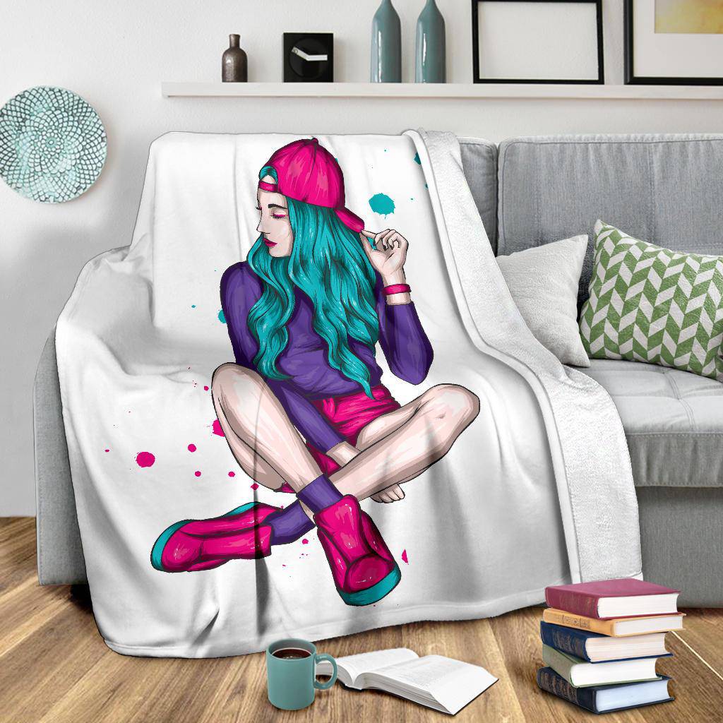 Premium Blanket Cool Colorful Girl Cap and Shorts Illustration - Top Content | POD Collection | Free Shipping