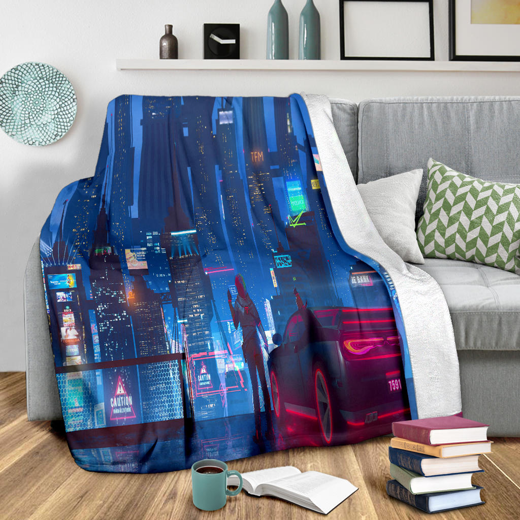 city life futuristic car artwork blanket