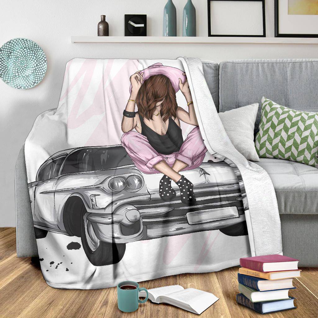 Beautiful Retro Car Girl Premium Blanket - Top Content | POD Collection | Free Shipping