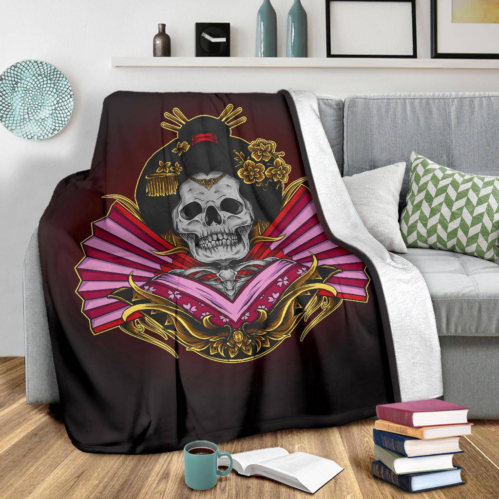 Skeleton Geisha Skull Premium Blanket, Cool Japanese Art Illustration - Top Content | POD Collection | Free Shipping