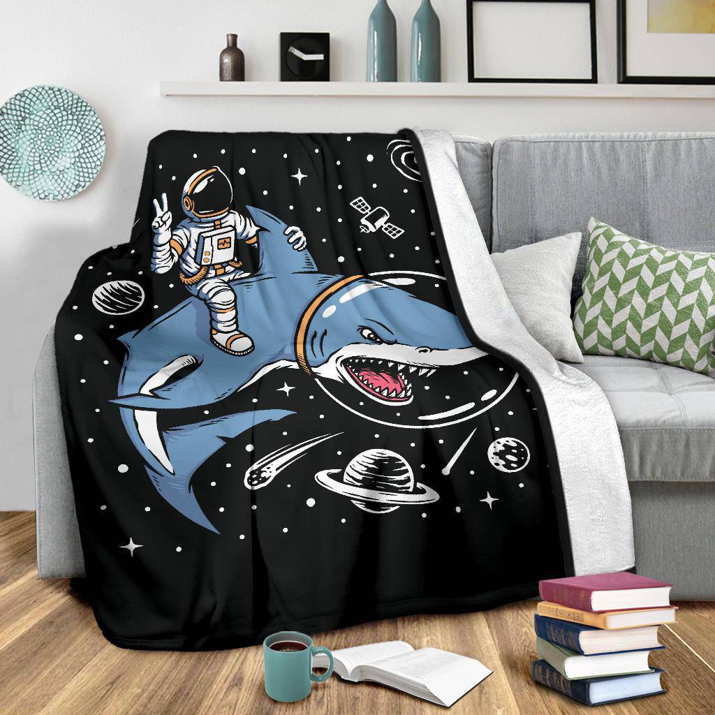 Astronaut Riding A Shark Premium Blanket, Cool Space Cartoon Drawing - Top Content | POD Collection | Free Shipping