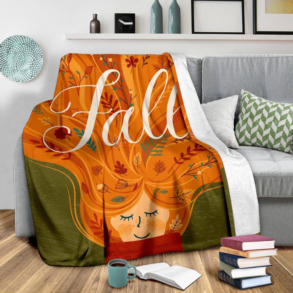 Hello Autumn Fall Leaves Red Hair Girl Premium Blanket - Top Content | POD Collection | Free Shipping