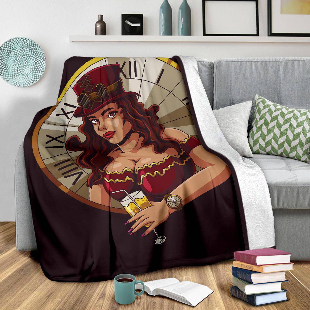 Premium Blanket Steampunk Girl Clock Illustration Cartoon - Top Content | POD Collection | Free Shipping