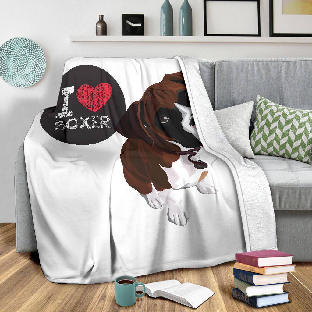 I Love Boxer, Cute Dog Cartoon Illustration Premium Blanket - Top Content | POD Collection | Free Shipping