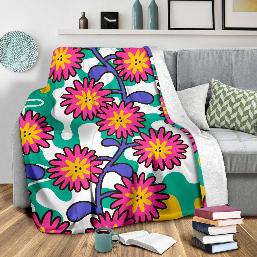 Cartoon Flowers, Colorful Floral Pattern Premium Blanket - Top Content | POD Collection | Free Shipping