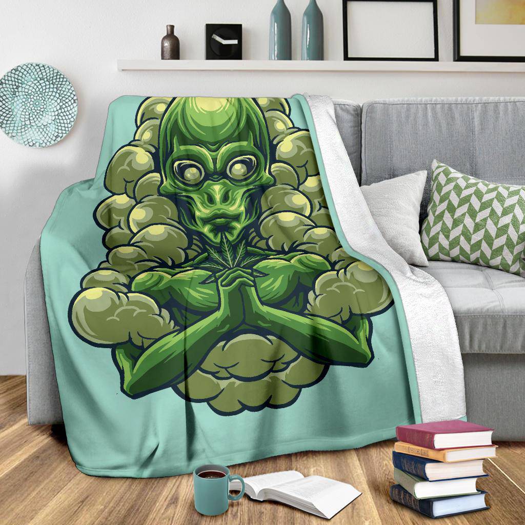 Alien Holding Marijuana, Cool Weed Cartoon Premium Blanket - Top Content | POD Collection | Free Shipping