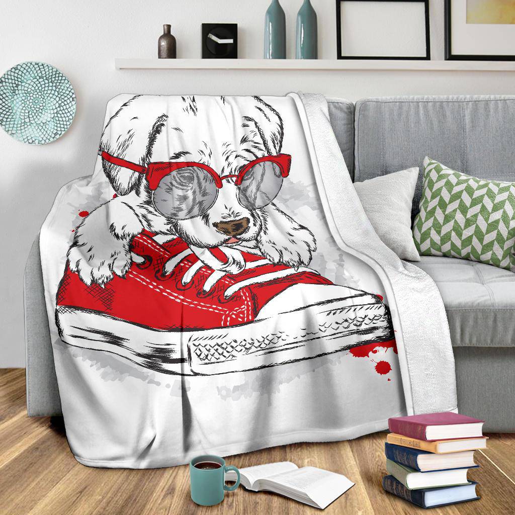 Premium Blanket Dog Puppy With Glasses Sneakers Drawing - Top Content | POD Collection | Free Shipping