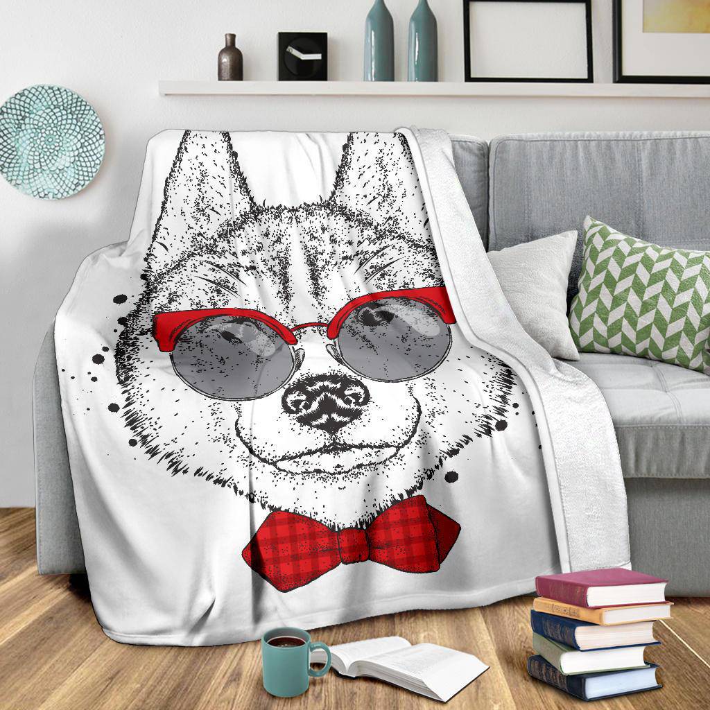 Cute Husky Drawing With Tie And Glasses Premium Blanket - Top Content | POD Collection | Free Shipping