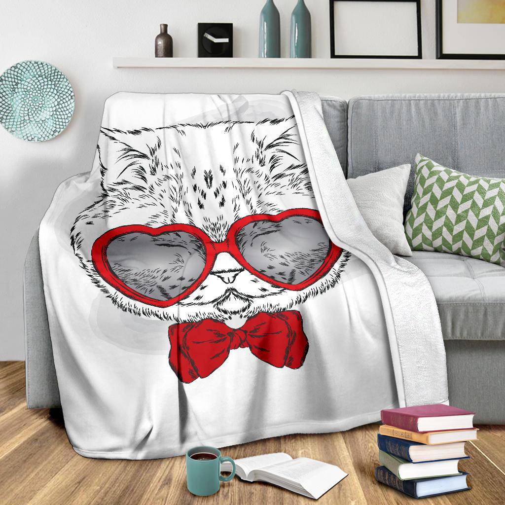 Cute Cat With Red Heart Glasses Premium Blanket - Top Content | POD Collection | Free Shipping