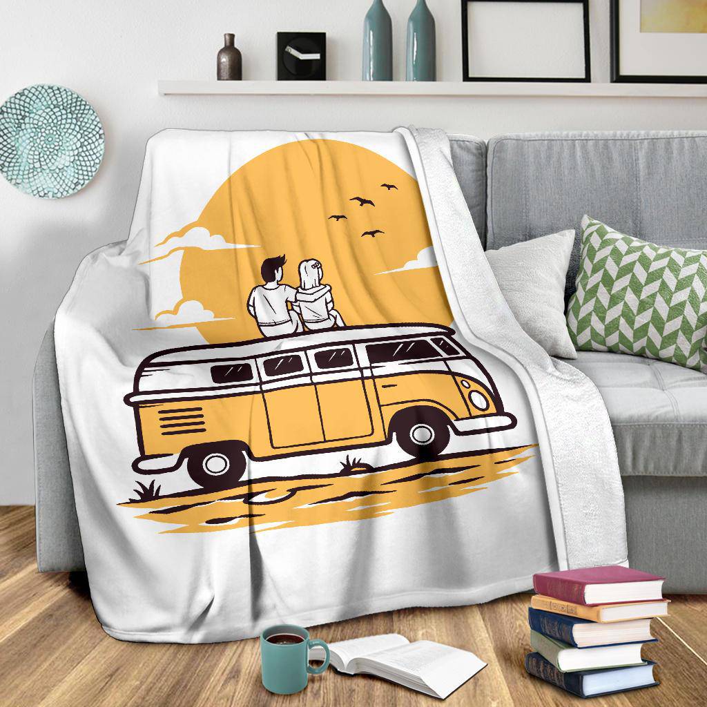 Romantic Sunrise Premium Blanket, Love Traveling Cartoon Style - Top Content | POD Collection | Free Shipping