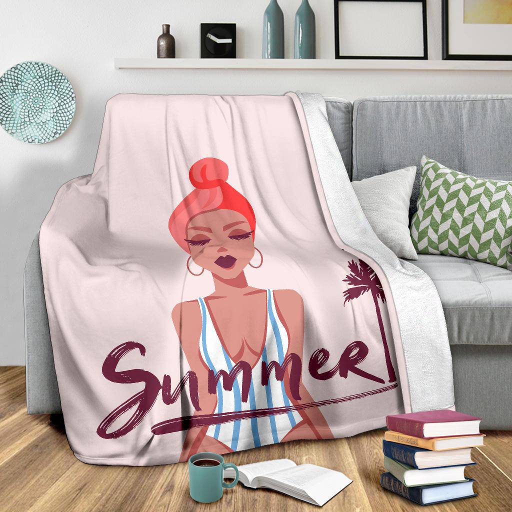 Summer Girl Premium Blanket, Beautiful Cartoon Drawing - Top Content | POD Collection | Free Shipping