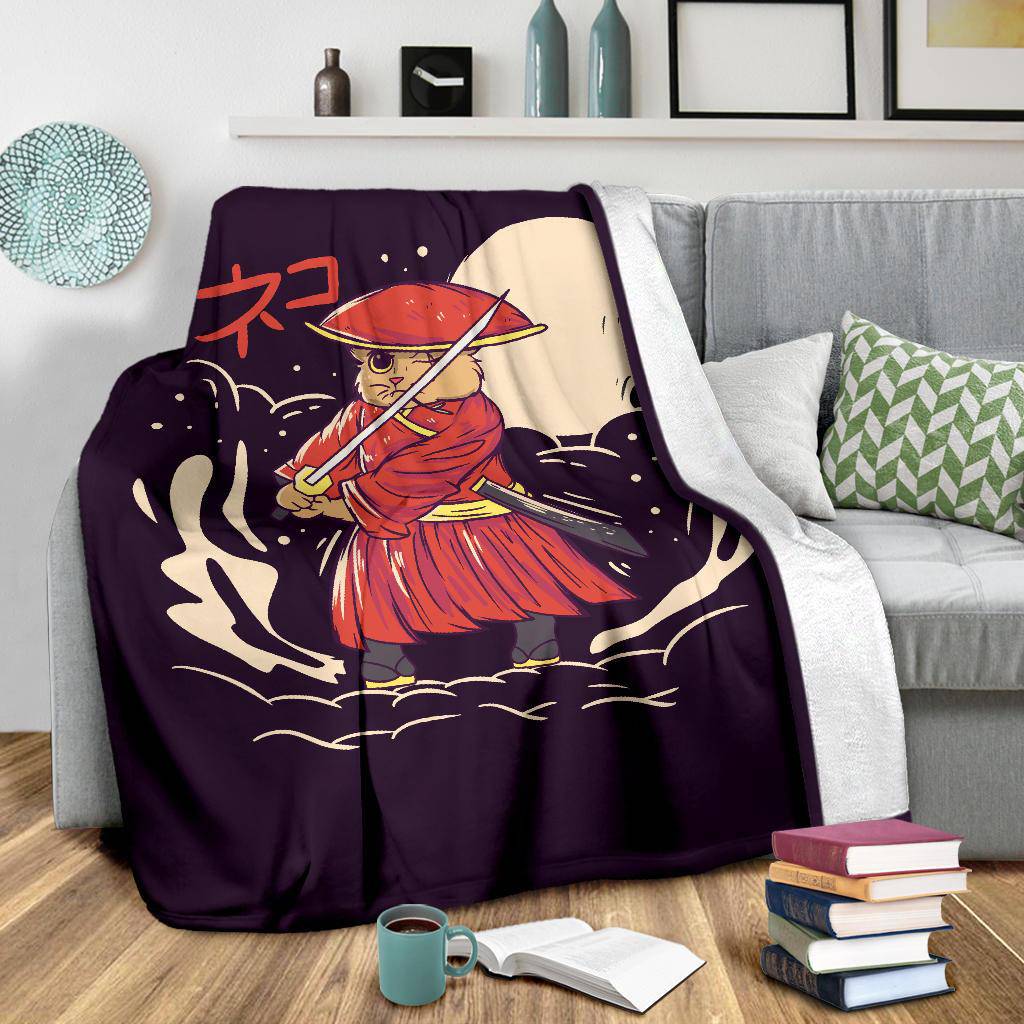 Samurai Japanese Cat Premium Blanket, Cool Cartoon Drawing - Top Content | POD Collection | Free Shipping