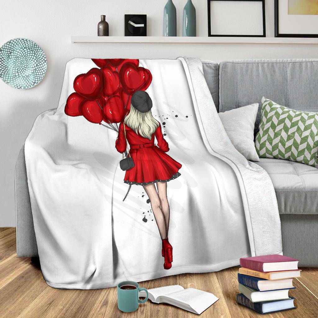 Premium Blanket Stylish Beautiful Girl With Heart Ballons - Top Content | POD Collection | Free Shipping