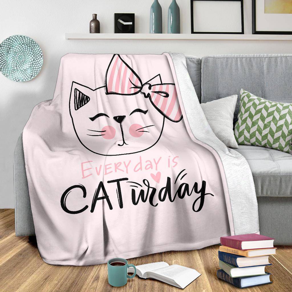 Cute Cat Drawing Quote Premium Blanket, Everyday Is Caturday - Top Content | POD Collection | Free Shipping