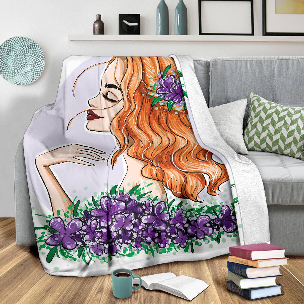 Beautiful Girl with Red Waved Hair and the Flowers in the Head Premium Blanket - Top Content | POD Collection | Free Shipping