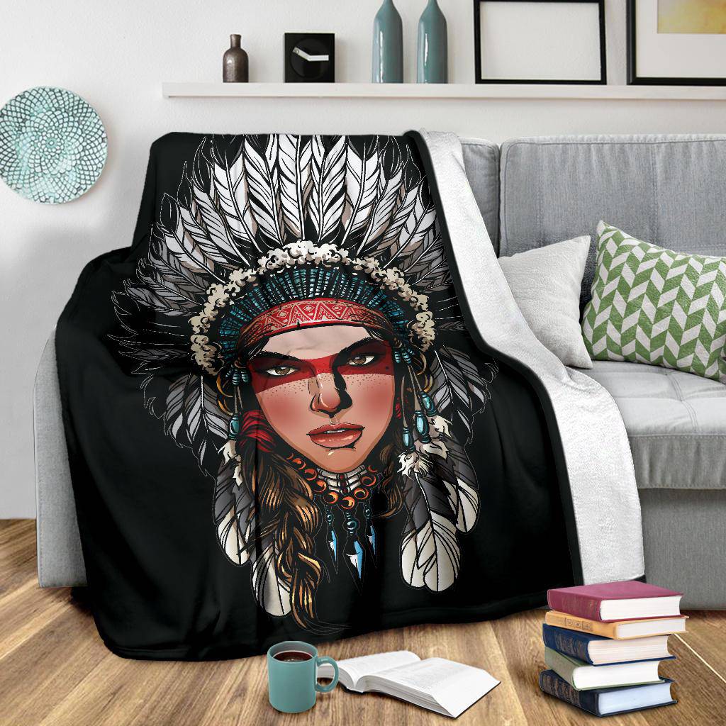 Native American Bonnet Cartoon Art Premium Blanket - Top Content | POD Collection | Free Shipping