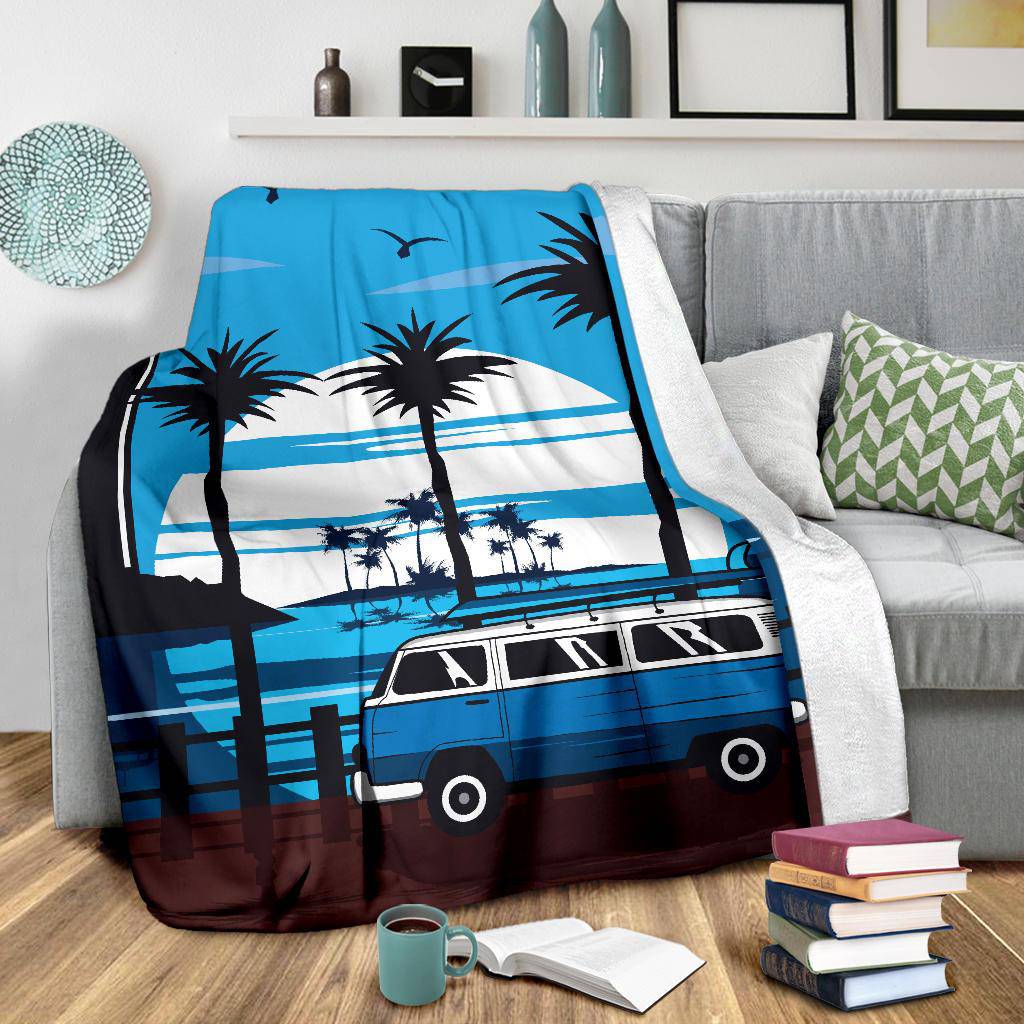 Blue Van Travel Lighthouse Cartoon Premium Blanket - Top Content | POD Collection | Free Shipping