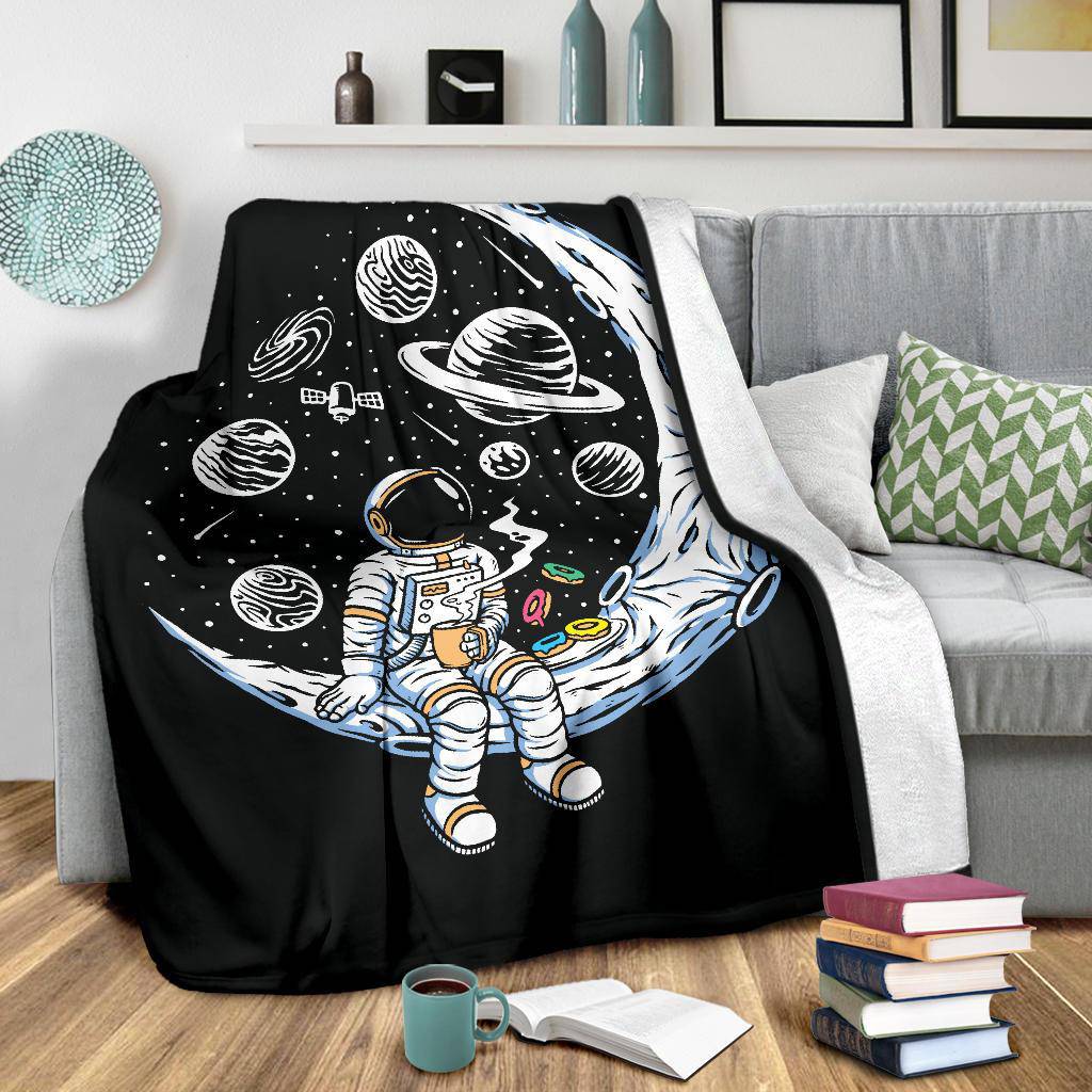 Premium Blanket Moon Astronaut Drinking Coffee And Eating Doughnuts - Top Content | POD Collection | Free Shipping