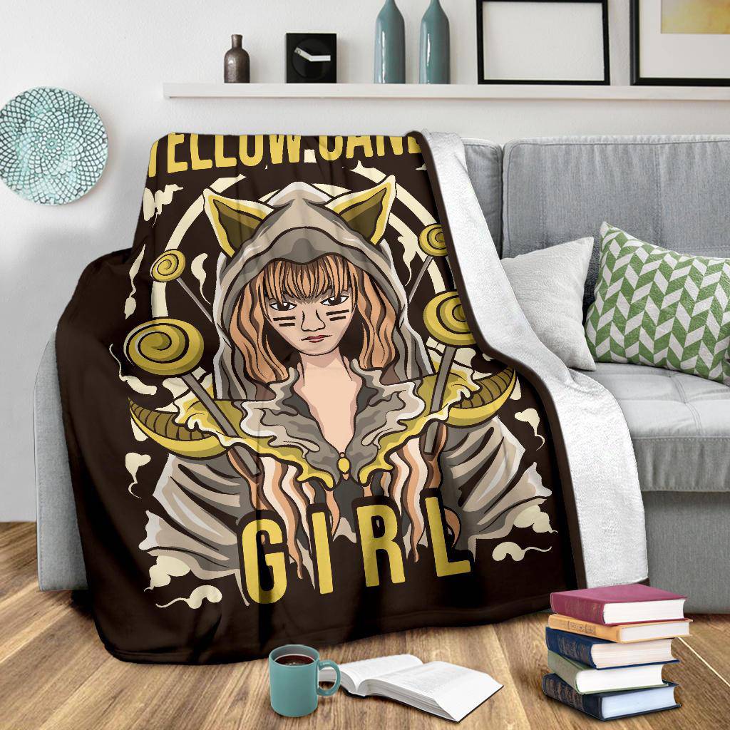 Yellow Candy Girl Premium Blanket, Cool Cat Girl Cartoon Drawing - Top Content | POD Collection | Free Shipping