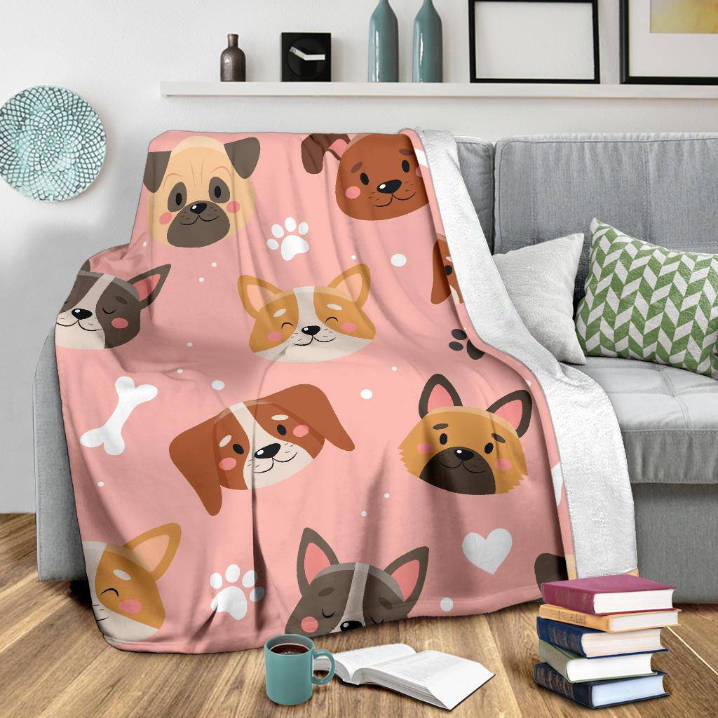 Cute Doggy Pink Background, Paws and Bones Cartoon Premium Blanket - Top Content | POD Collection | Free Shipping