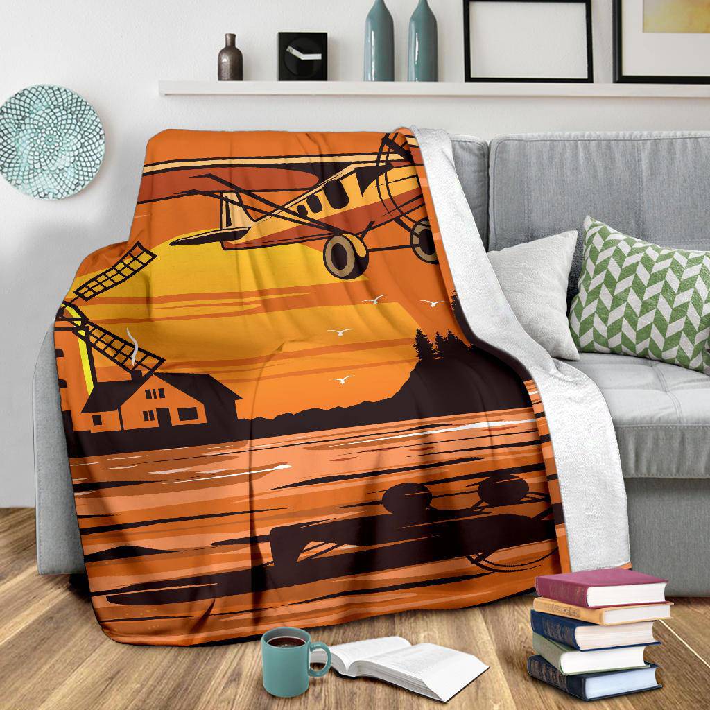 Sunset Plane Cartoon Premium Blanket - Top Content | POD Collection | Free Shipping