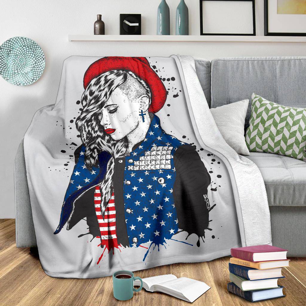 Beautiful Girl Hand Drawing USA Flag Premium Blanket - Top Content | POD Collection | Free Shipping